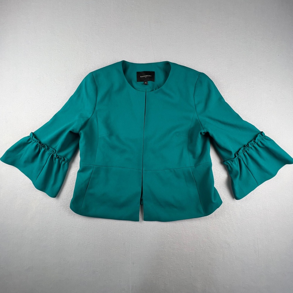 Banana Republic Bell Sleeve Jacket‎ Womens 12P Teal Ruffle Cropped Professional